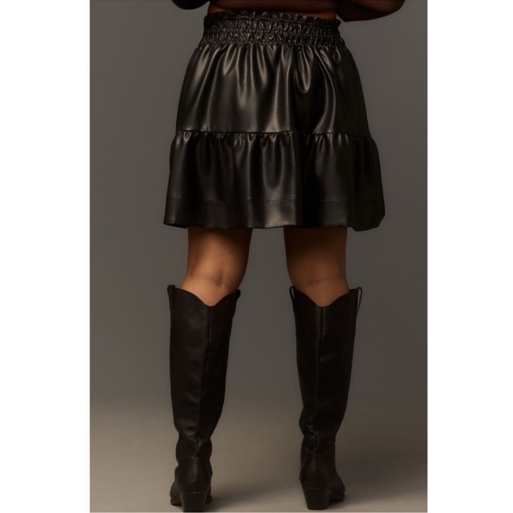 Anthropologie Somerset Faux Leather Black Mini Skirt Smocked Medium NWT - Picture 3 of 8